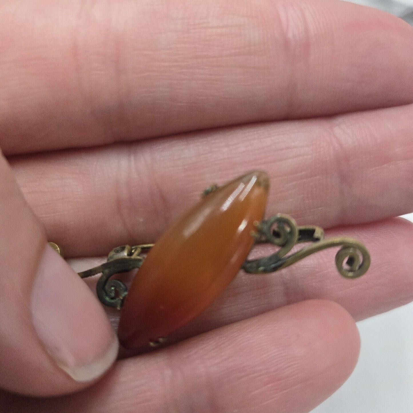 Vintage Antique Victorian Carnelian Brass Scrolling Old C Clasp Brooch Pin