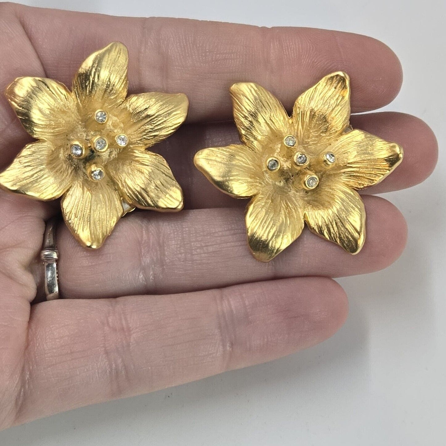 Vintage Norma Jean Flower Earrings Matte Gold Tone 1980s Clip On Haute Couture