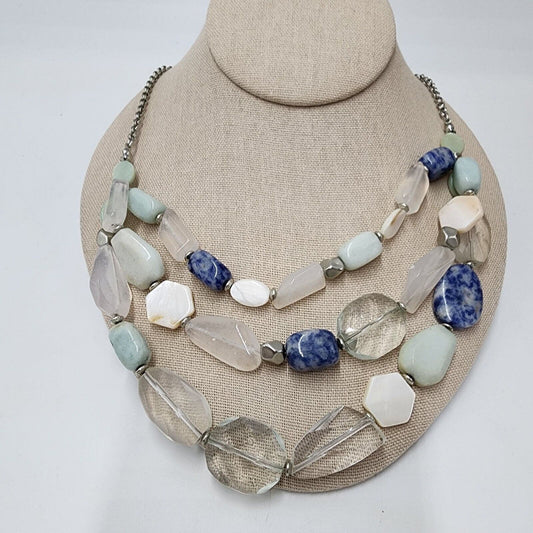 Loft Necklace Layered Chunky Stone Sodalite Glass Blue White Brown Chain 17"