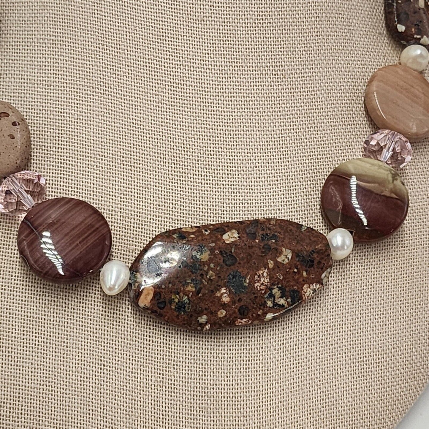 Natural Brown Rhyolite Agate And Genuine Pearl Chunky Statement Necklace 16"