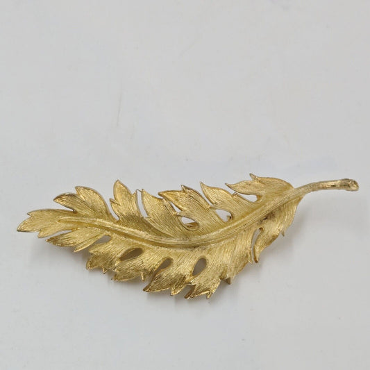 Vintage Coro Leaf Brooch Pin Gold Tone Textured 1961 Signed made USA Mid Century