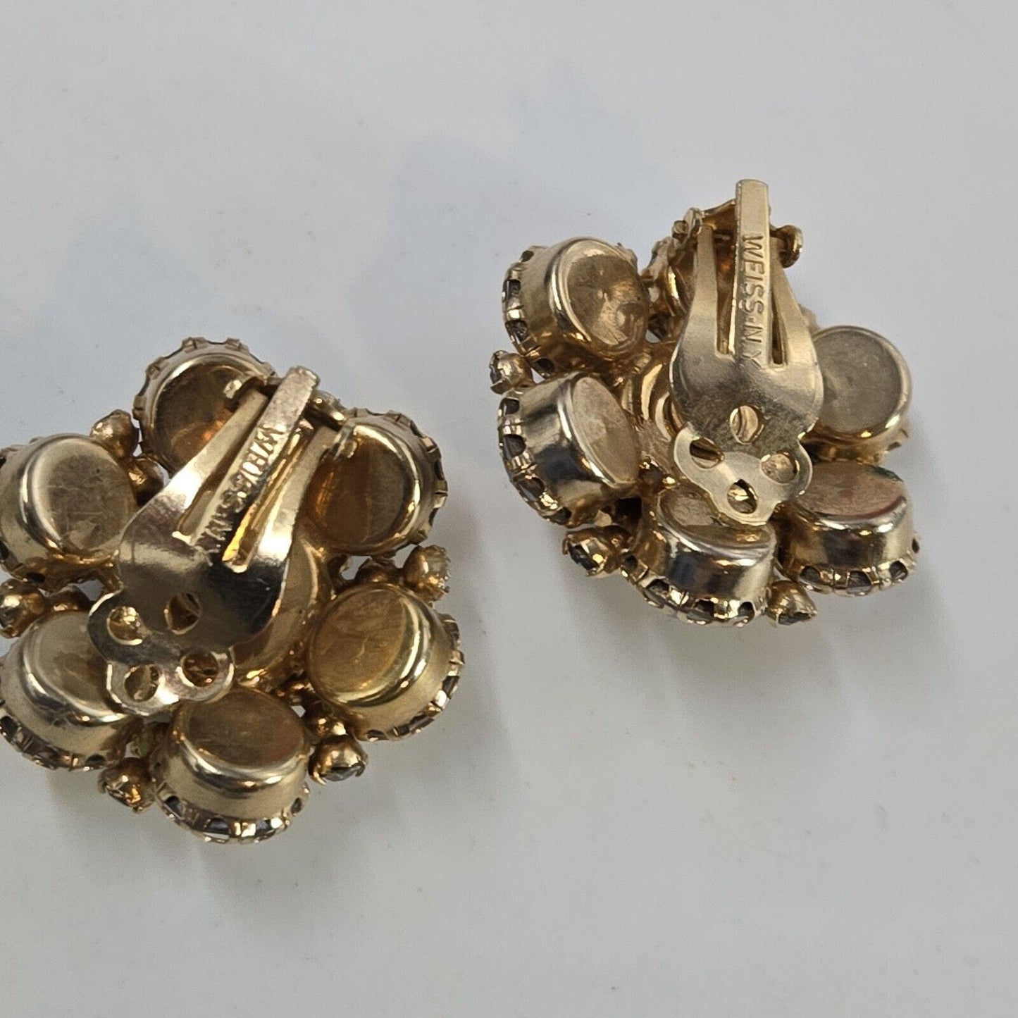 Vintage Weiss N. Y. Large Sparkling AB Rhinestones Round Clip On Earrings Bling