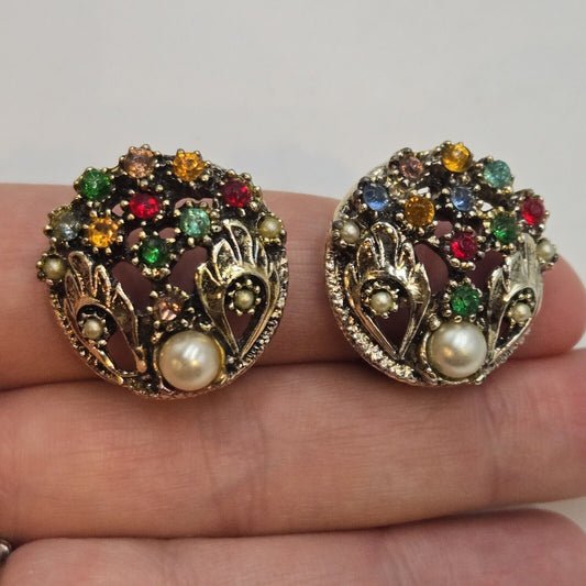 Vintage Signed PA Art Deco Colorful Rhinestone Faux Pearls Clip On Earrings