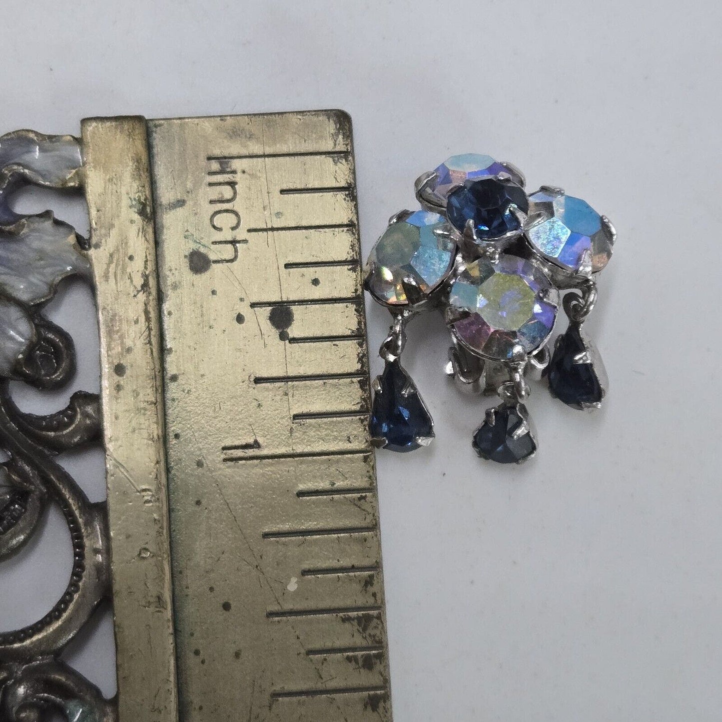 Vintage Adele Simpson High End Blue Aurora Crystals Raindrops Clip Earrings