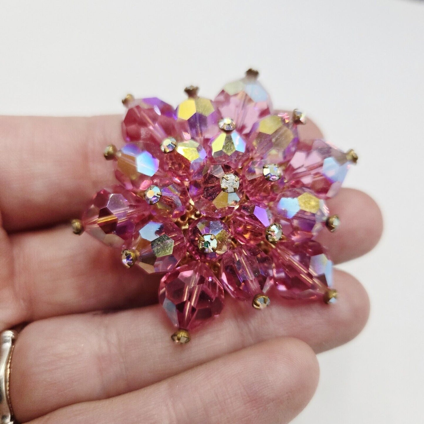 Vintage Austrian Crystal Flower Pink Cluster Rhinestones Gold Brooch Pin Bling