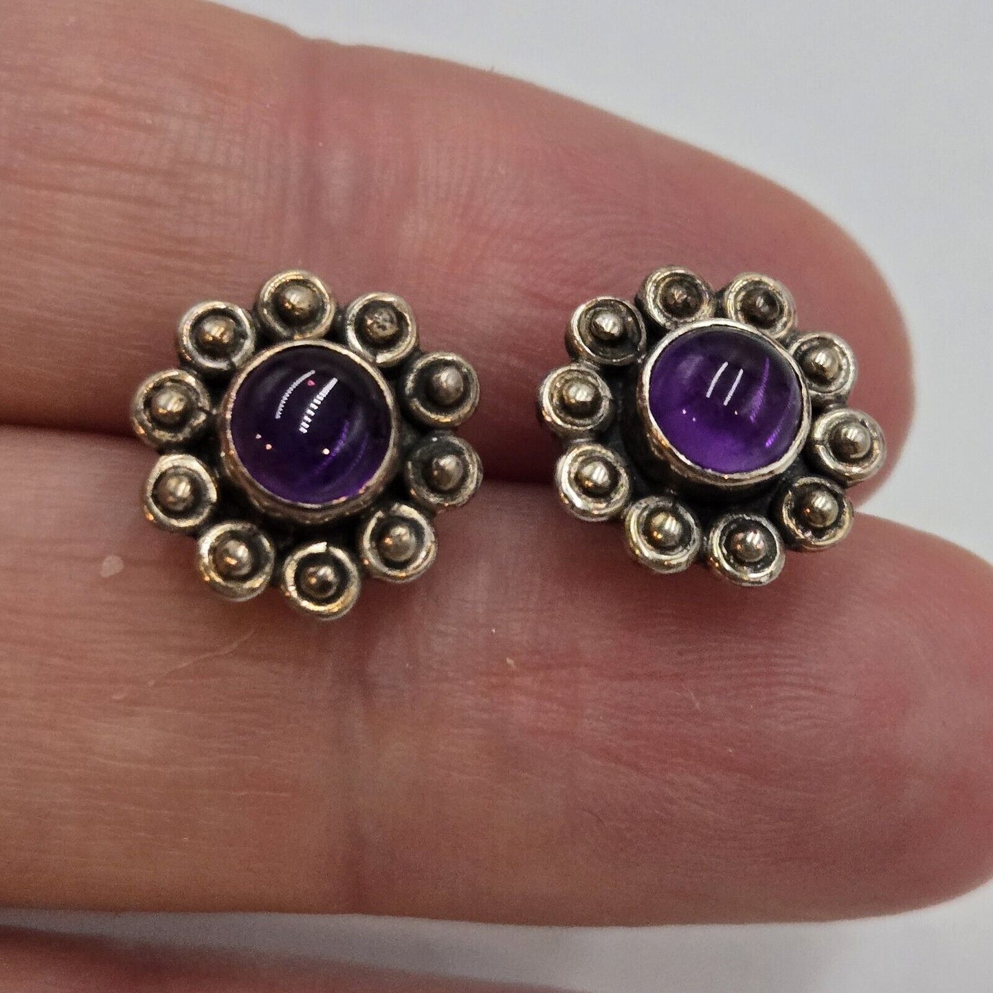 Vintage 925 Sterling Silver Real Amethyst Floral Stud Pierced Earrings