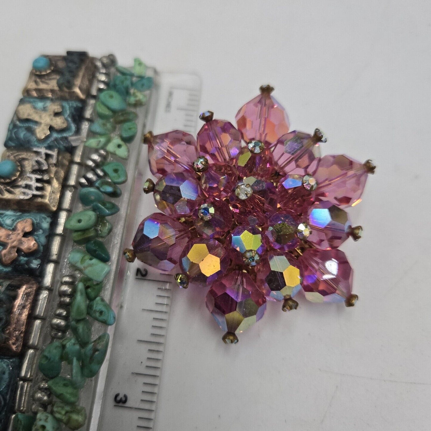 Vintage Austrian Crystal Flower Pink Cluster Rhinestones Gold Brooch Pin Bling