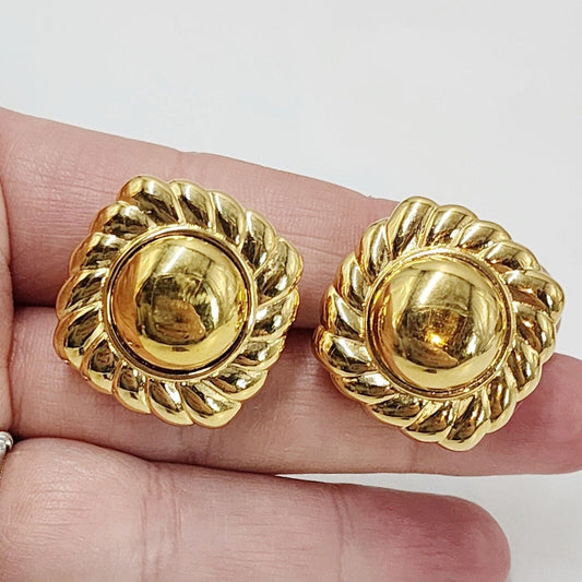 Vintage Puffy Designer Style Square Clip On Earrings Gold Tone Twisted Rope