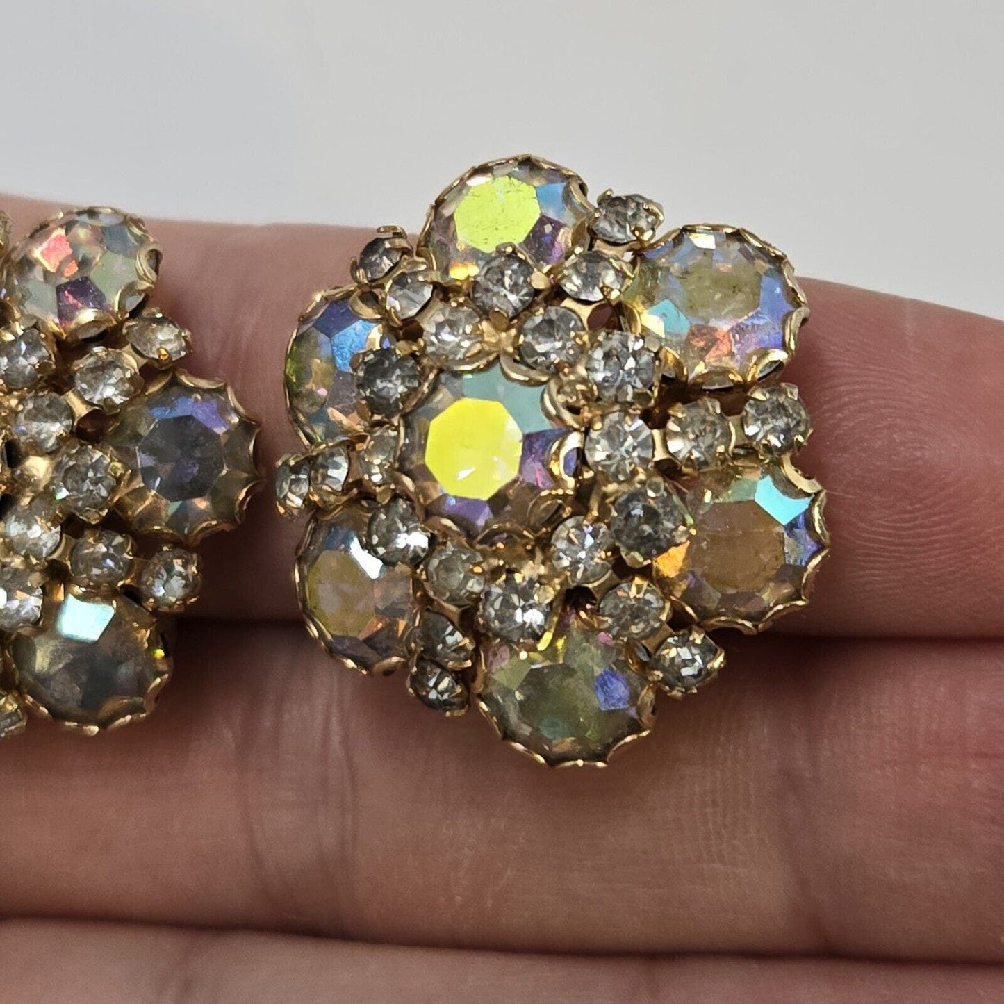 Vintage Weiss N. Y. Large Sparkling AB Rhinestones Round Clip On Earrings Bling