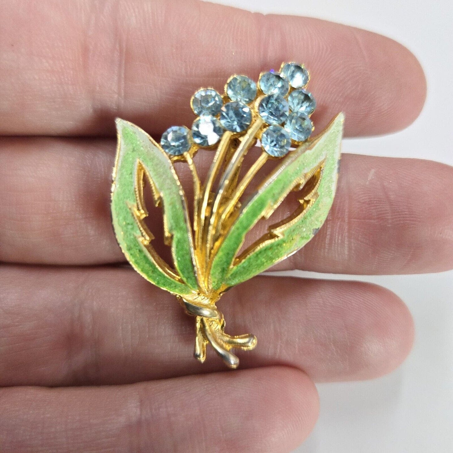 Vintage Signed Hollywood Green Enamel Blue Rhinestone Flower Brooch Gold Tone