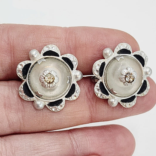 Vintage Early Czechoslovakia Faux Vaseline Glass Dome Earrings Screwback Unique