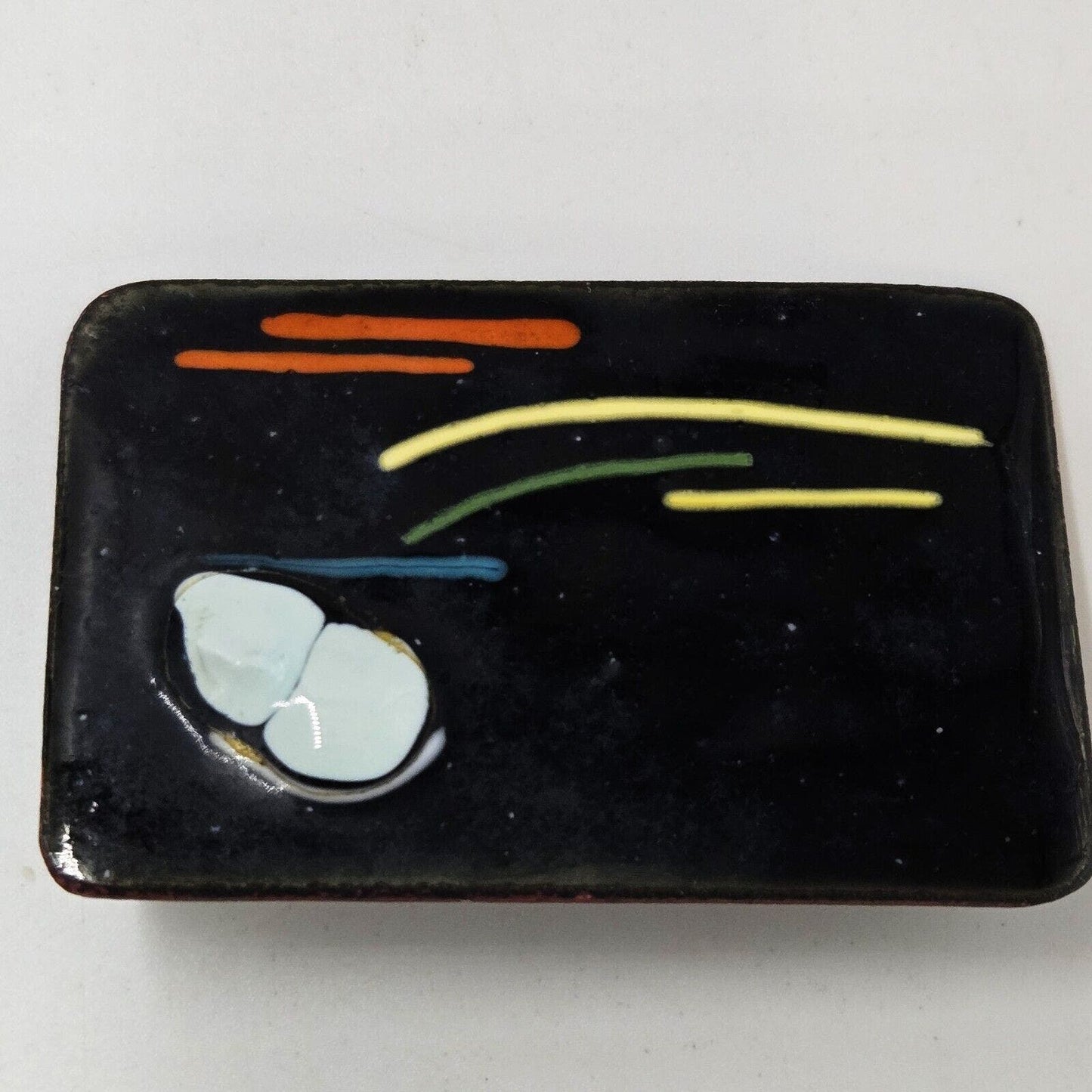 Vintage Enameled Copper Brooch Abstract Rainbow Cloud Art Pin MCM Rectangle