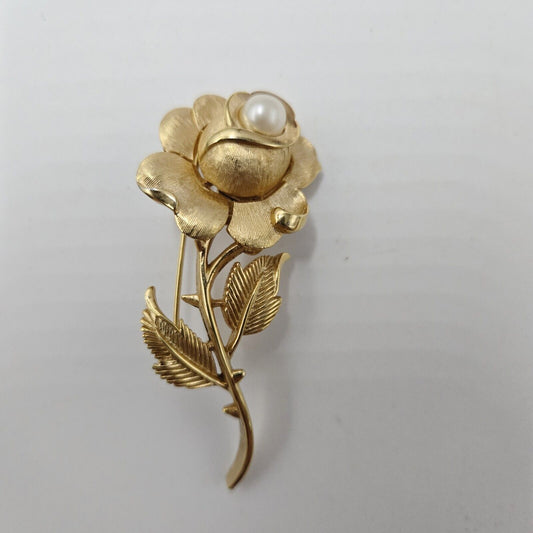 Vintage Signed Crown Trifari Brooch Pin Rose Imitation Pearl Brushed Gold Tone