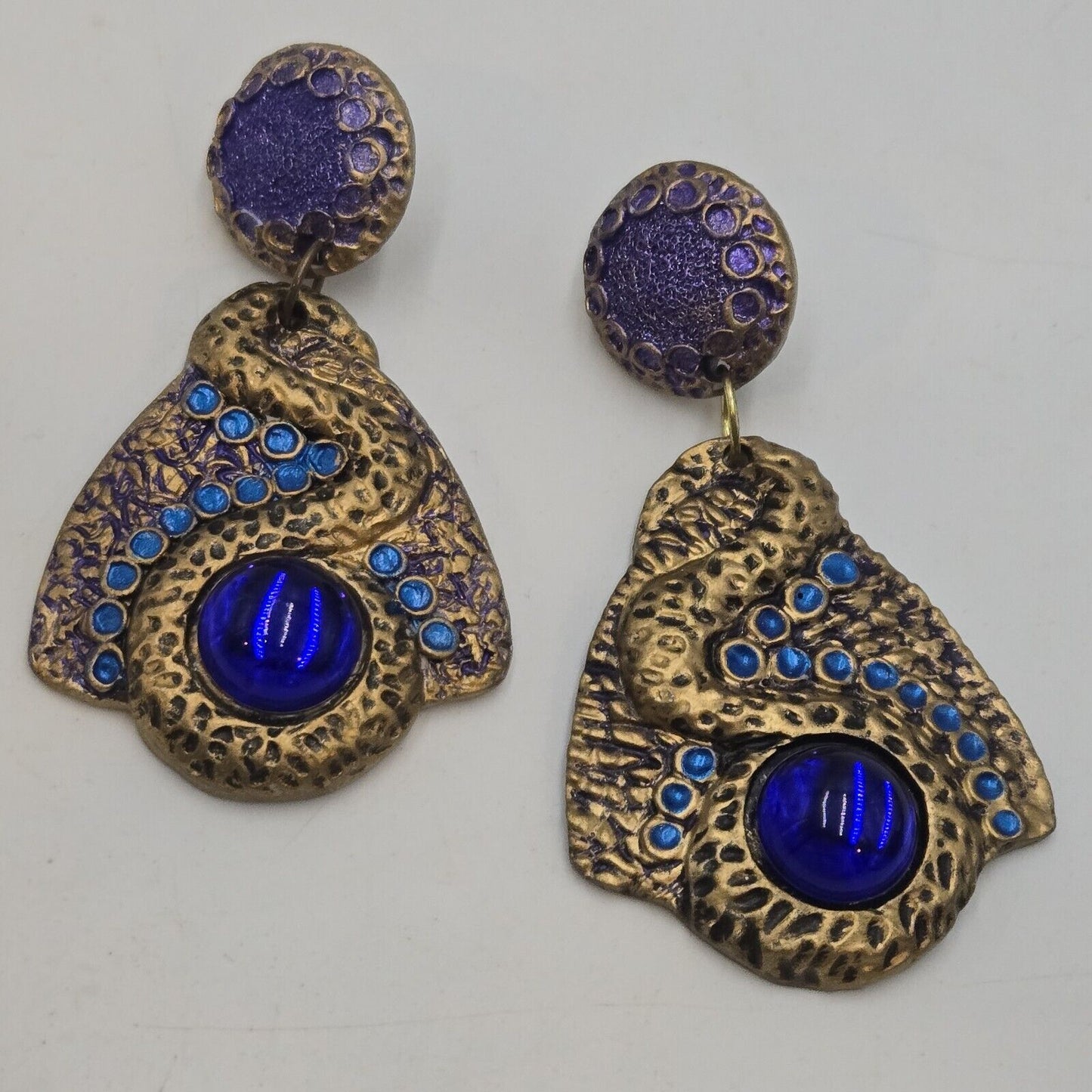 Vintage Blue Cabochon Bohemian Snake Large Oversized Gold Tone Dangle Earrings