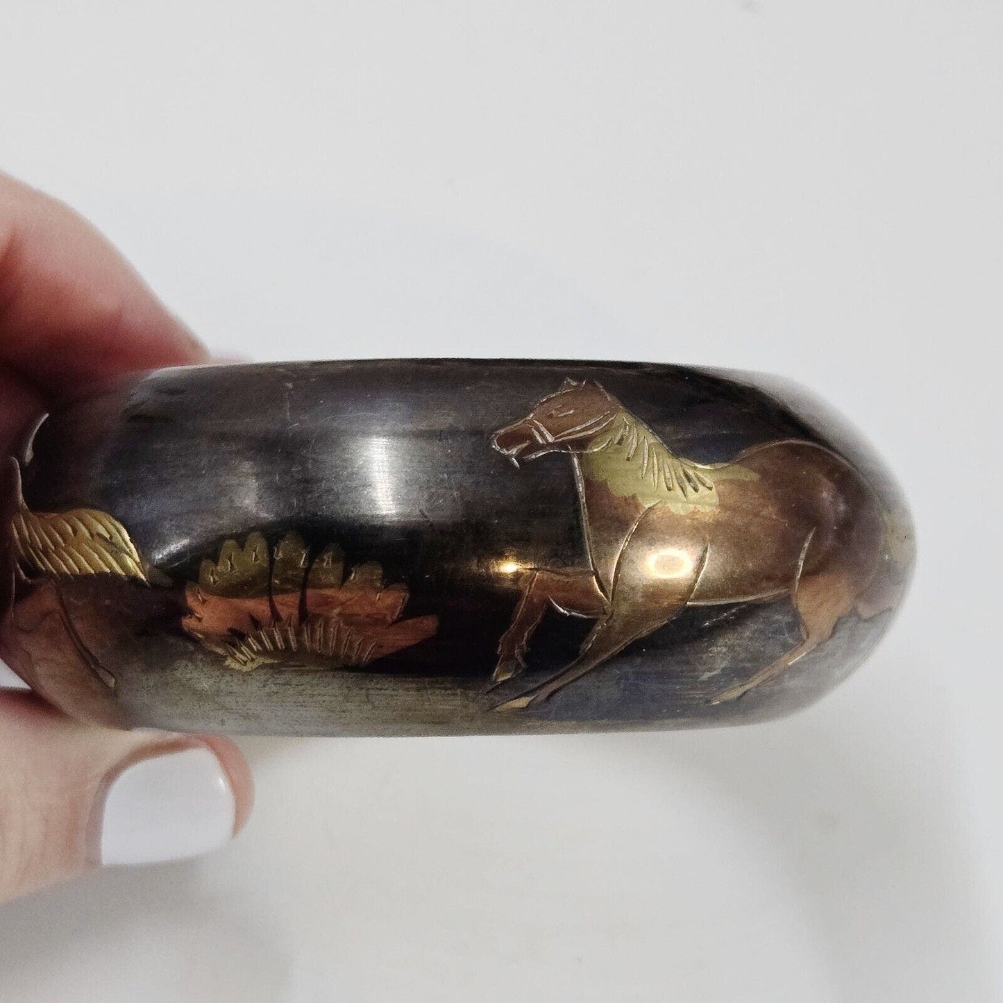 Vintage Brass Hand Etched Horses Boho Made In India Bangle Bracelet Wide Band 8"