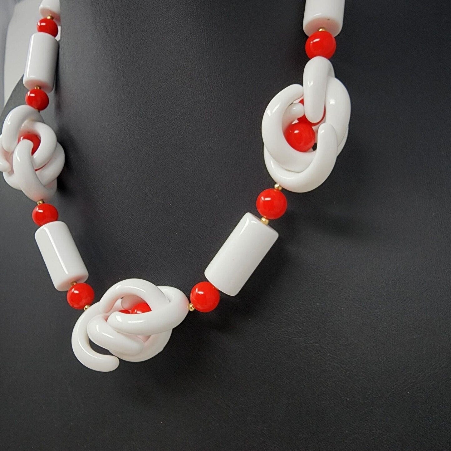 Vintage Red and White Plastic Statement Necklace Mod Mid Century Chunky Barrel