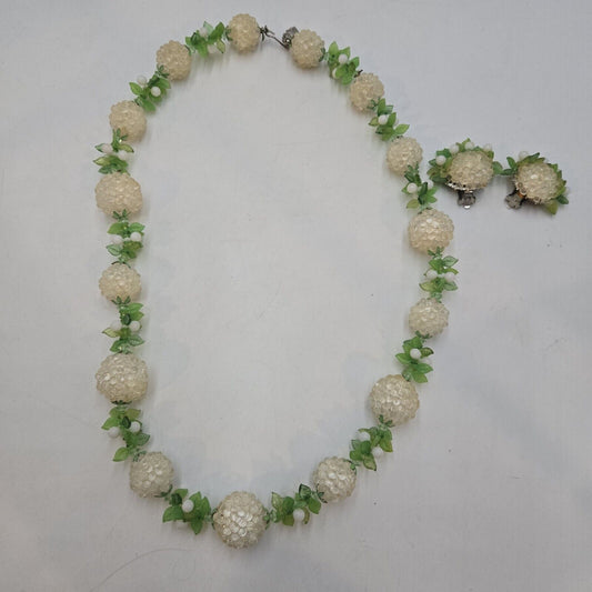 Vintage Flower Fruit Lucite Berries Long Lai Necklace Clip Earrings Demi Parure