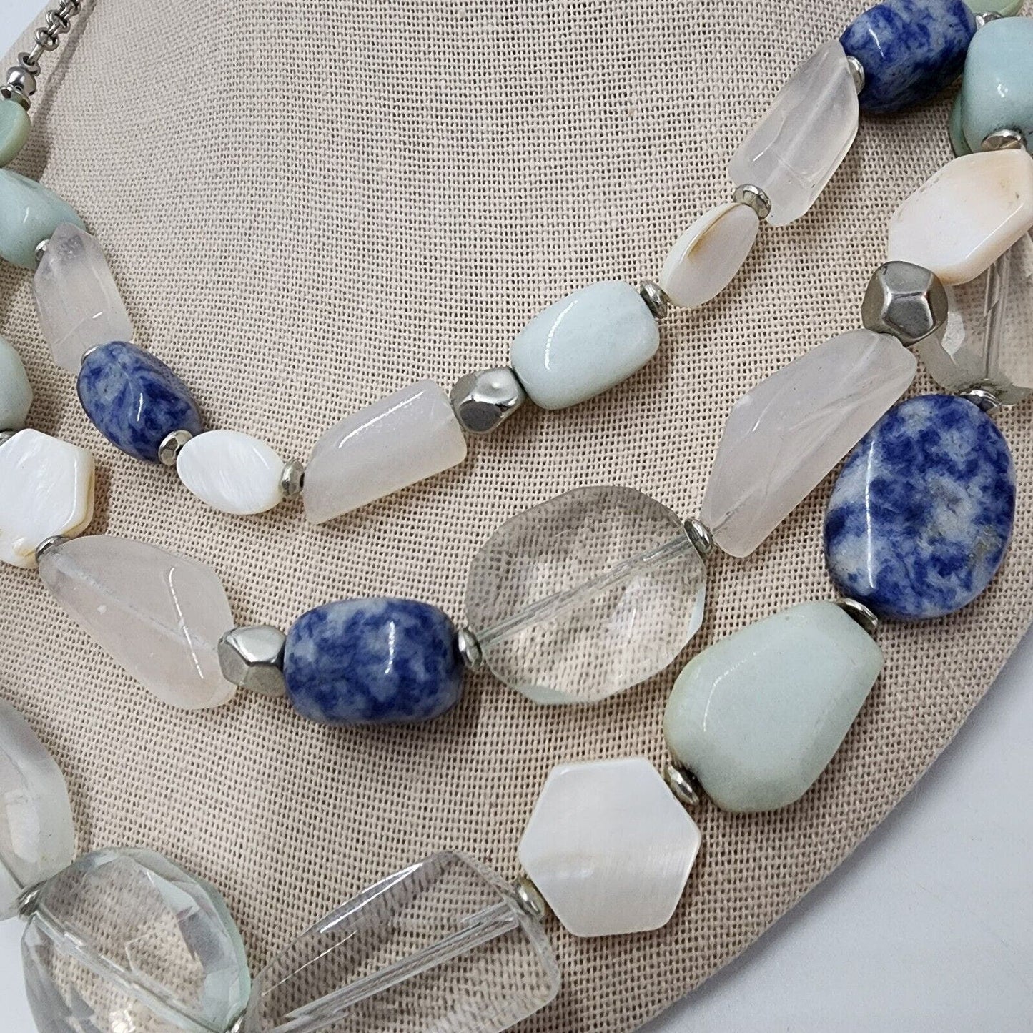 Loft Necklace Layered Chunky Stone Sodalite Glass Blue White Brown Chain 17"