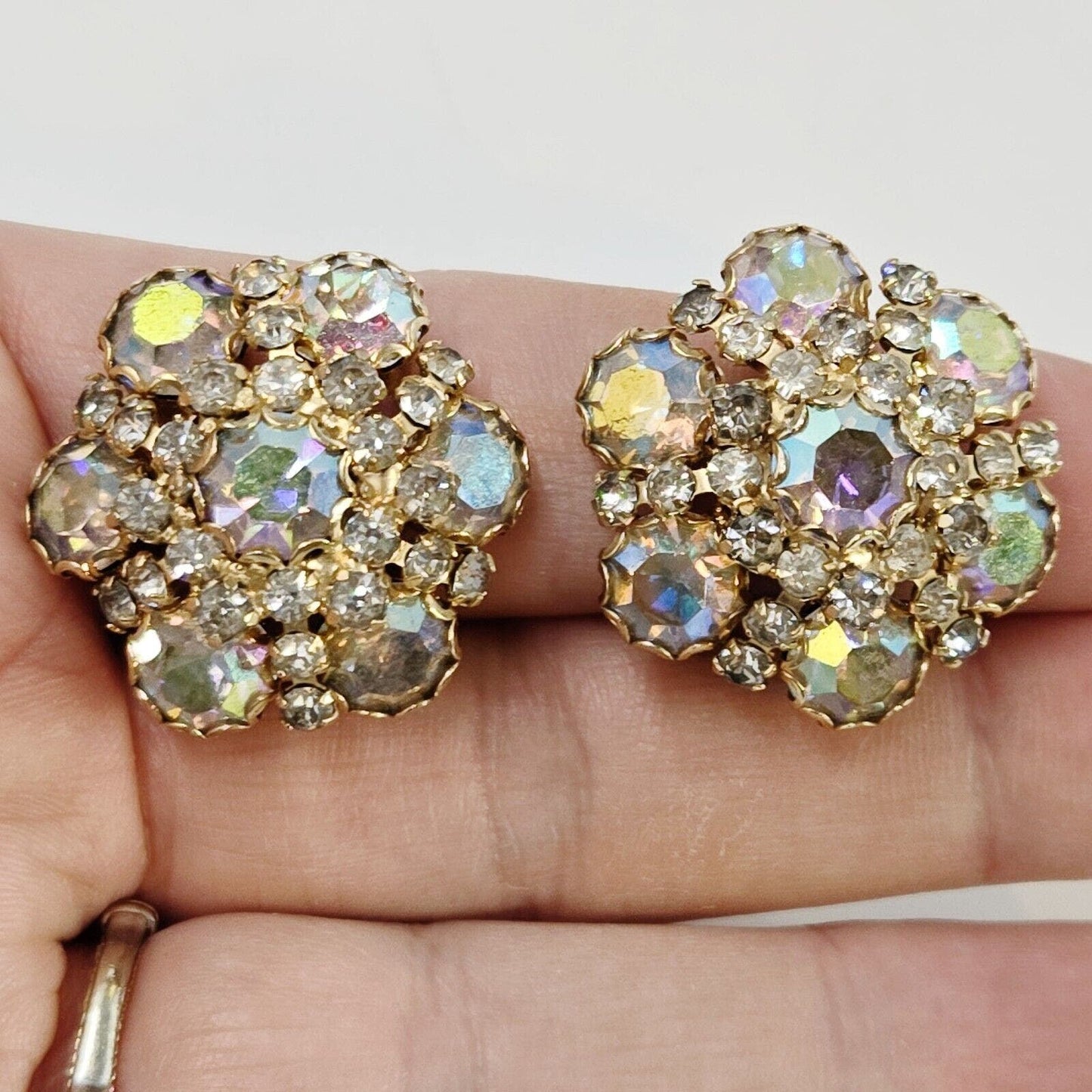 Vintage Weiss N. Y. Large Sparkling AB Rhinestones Round Clip On Earrings Bling