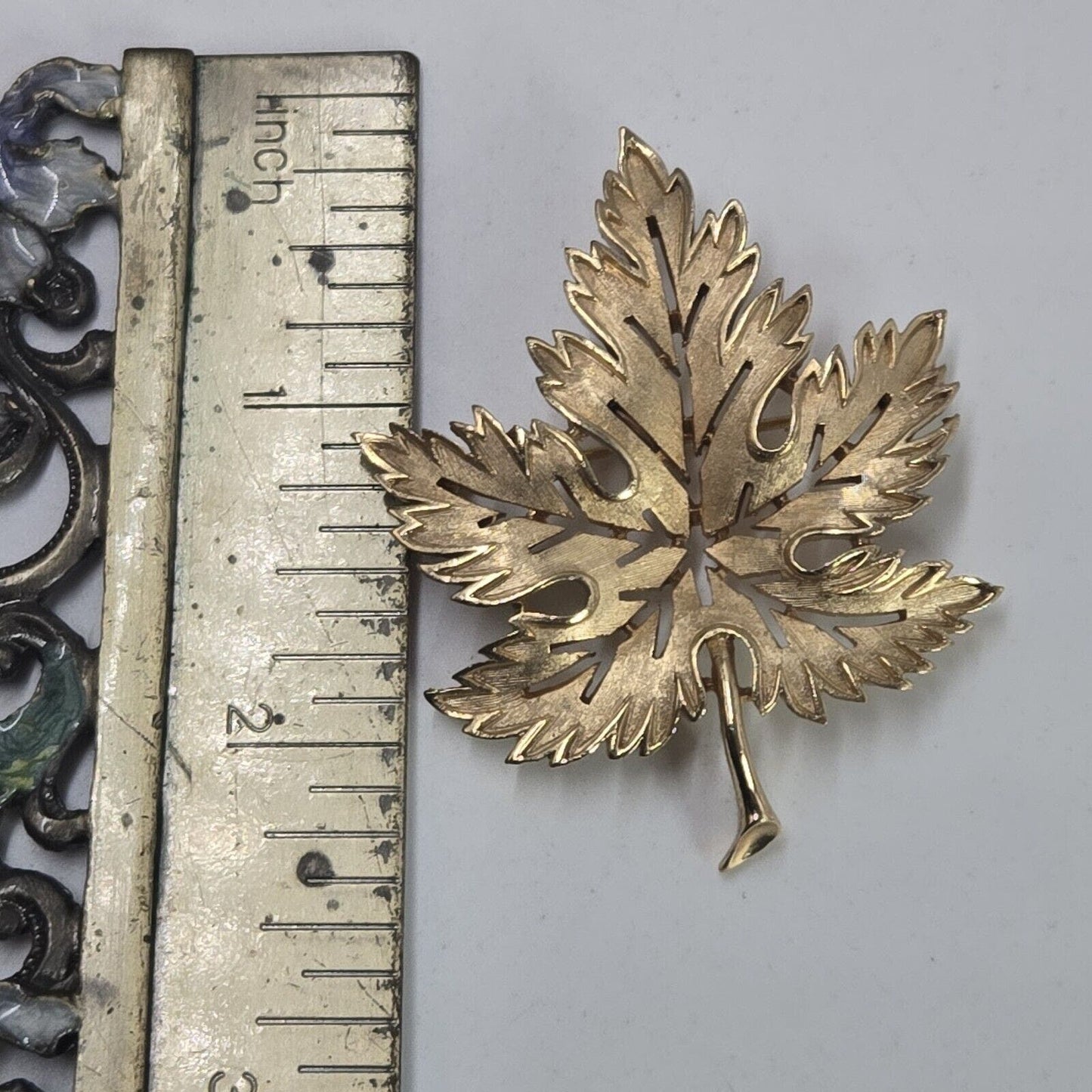 Vintage Crown Trifari Gold Tone Grape Maple Leaf Brushed Pin Brooch 1960s