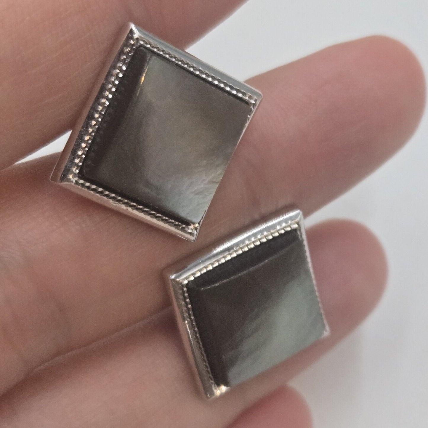 Vintage Silver Tone Abalone Mother of Pearl Square Mens Cufflinks Formal Wedding