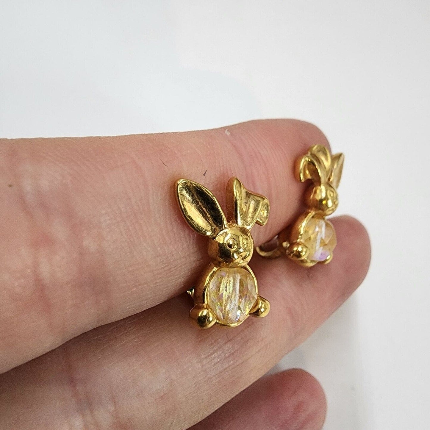 Vintage AVON Easter Bunny Rabbit Clip On Crystal Earrings Gold Tone Finish