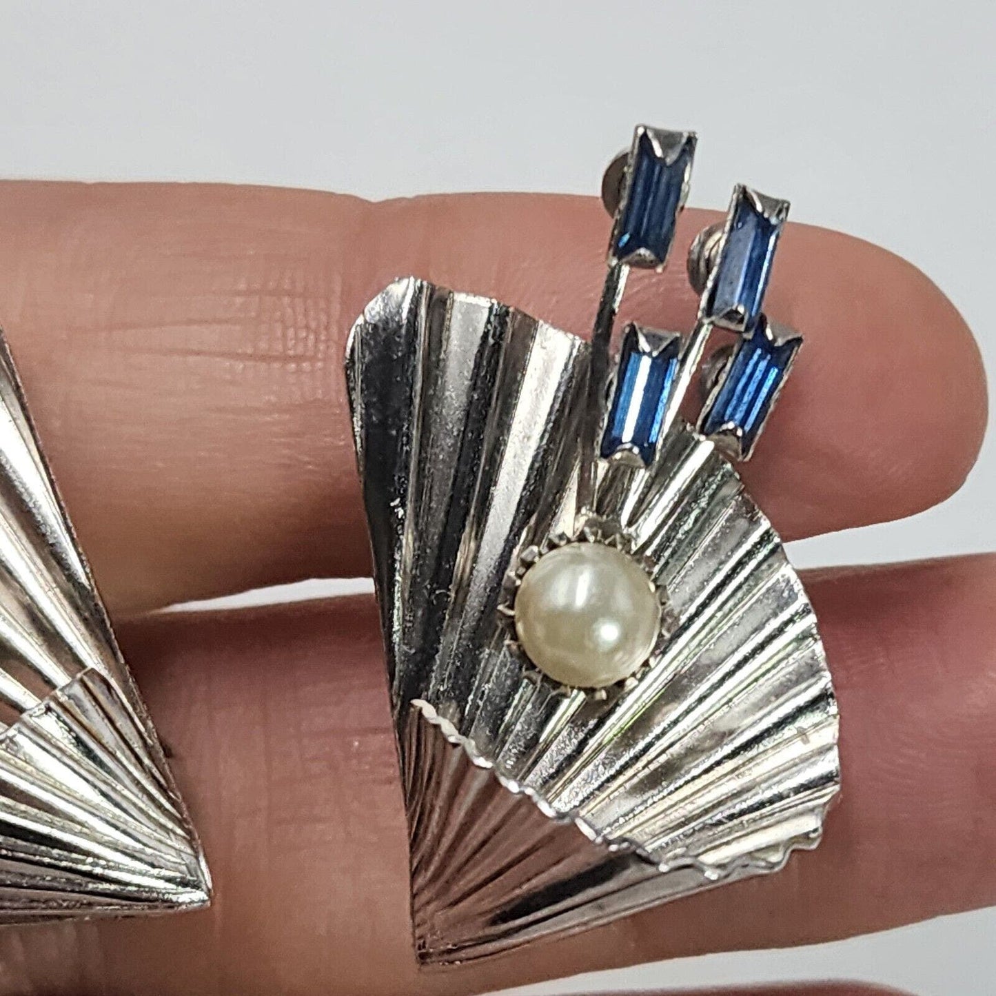 Vintage 1940's Blue Baguette Silver Tone Swirl Shell Climber Earrings Statement