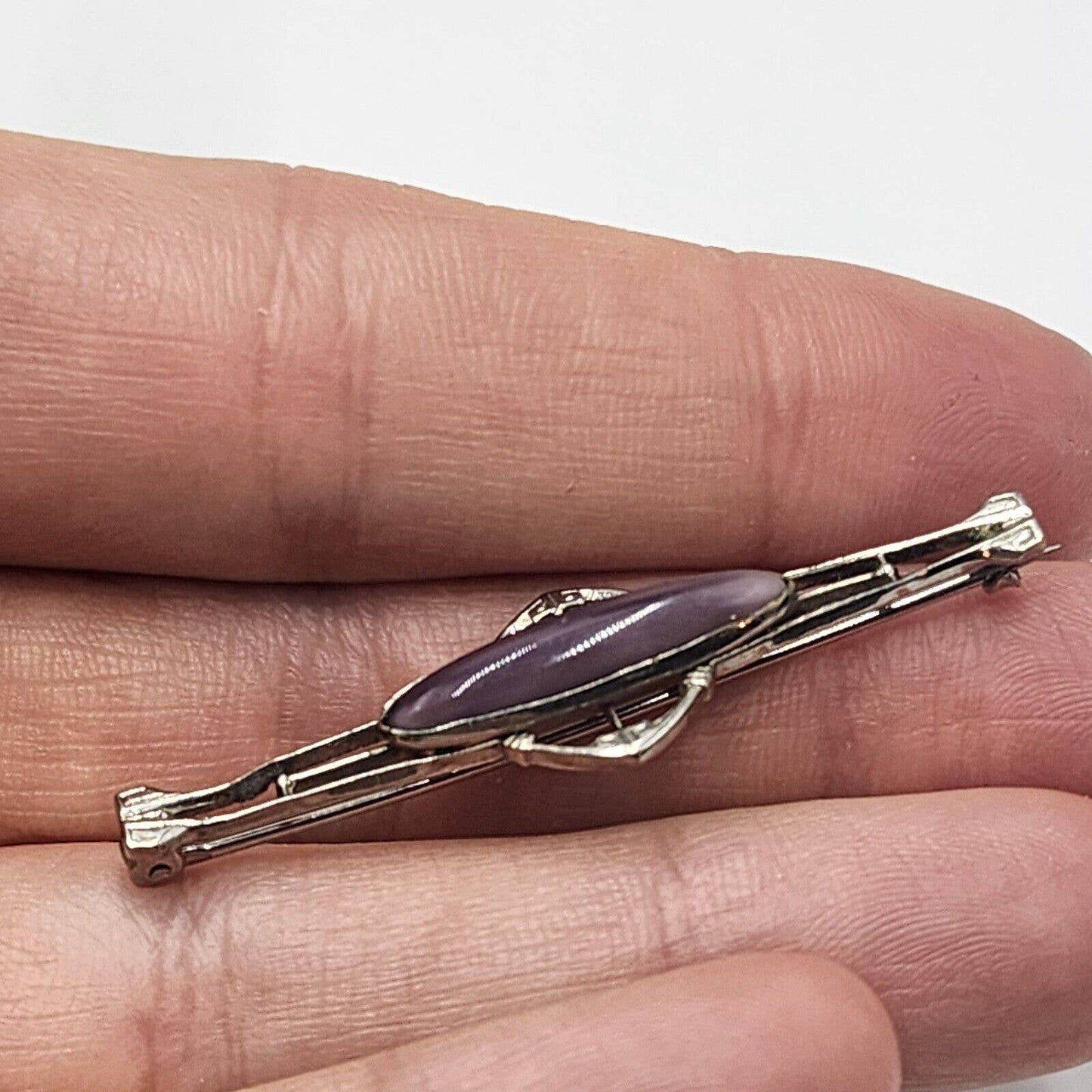 Vintage Art Deco Purple Navette Moonglow Silver Tone Bar Brooch C Clasp