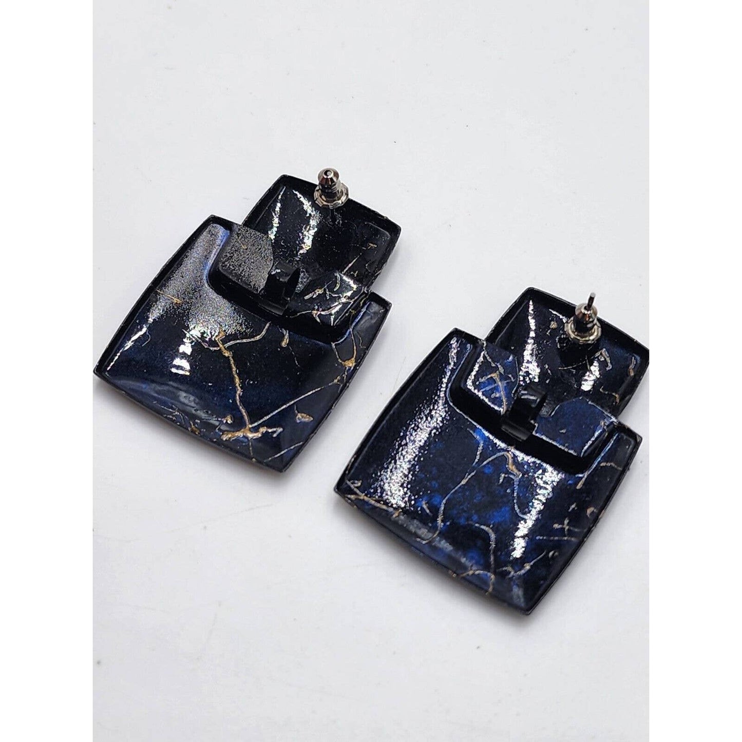 Vintage Runway Big Earrings Statement Drop Door Knocker Blue Splatter Rectangle