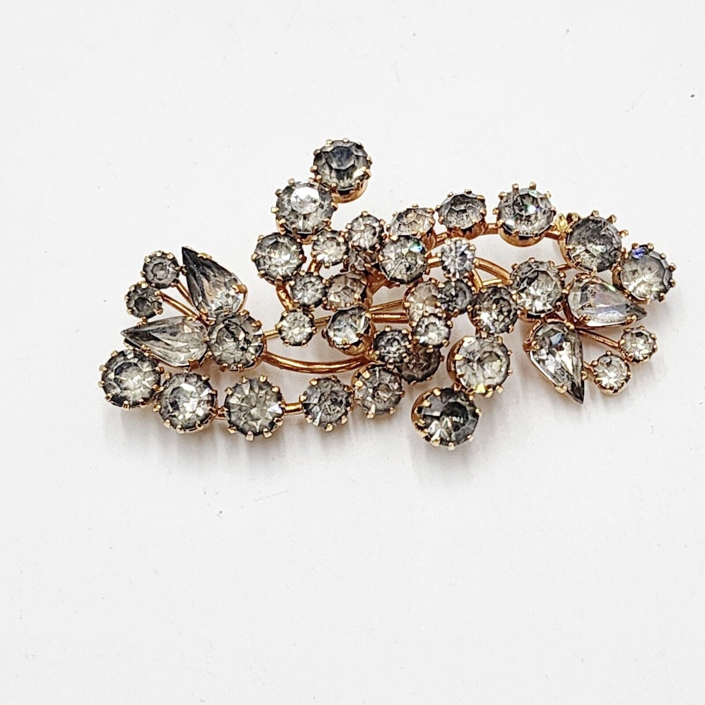 Vintage Austria Large Gold Tone Clear Rhinestone Prong Set Floral Spray Brooch