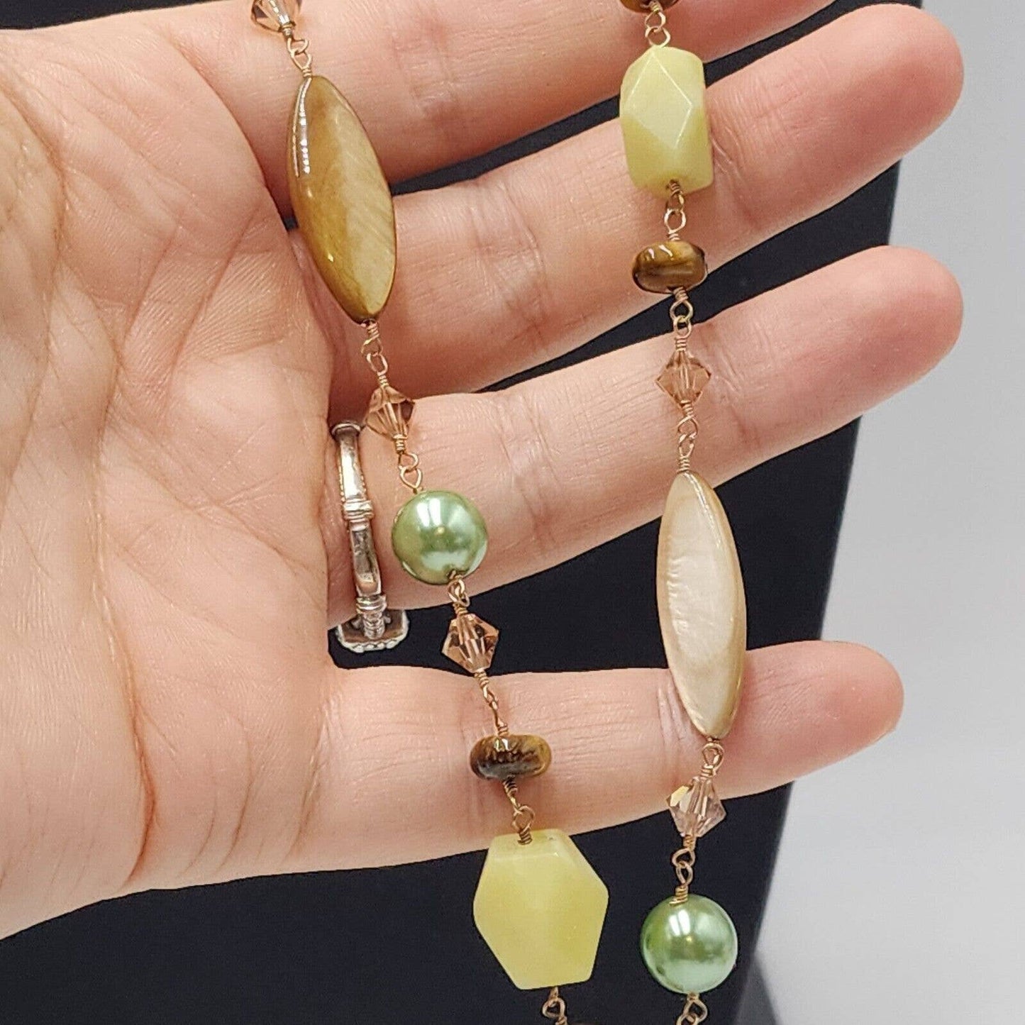 Artisan Tiger's Eye Gold Vermeil .925 Green Quartz Crystal Station Necklace 34"