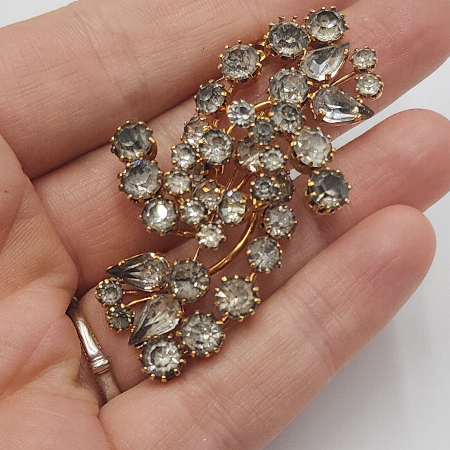 Vintage Austria Large Gold Tone Clear Rhinestone Prong Set Floral Spray Brooch