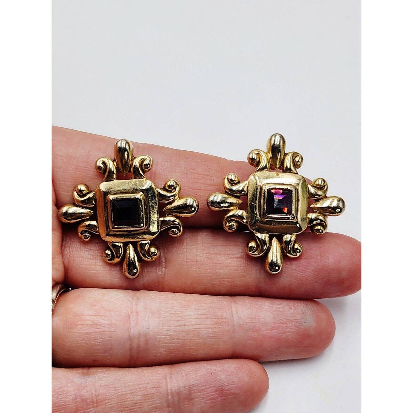 Vintage Clip On Purple Glass Gold Tone Cross Gothic Chunky Regal Royal Statement