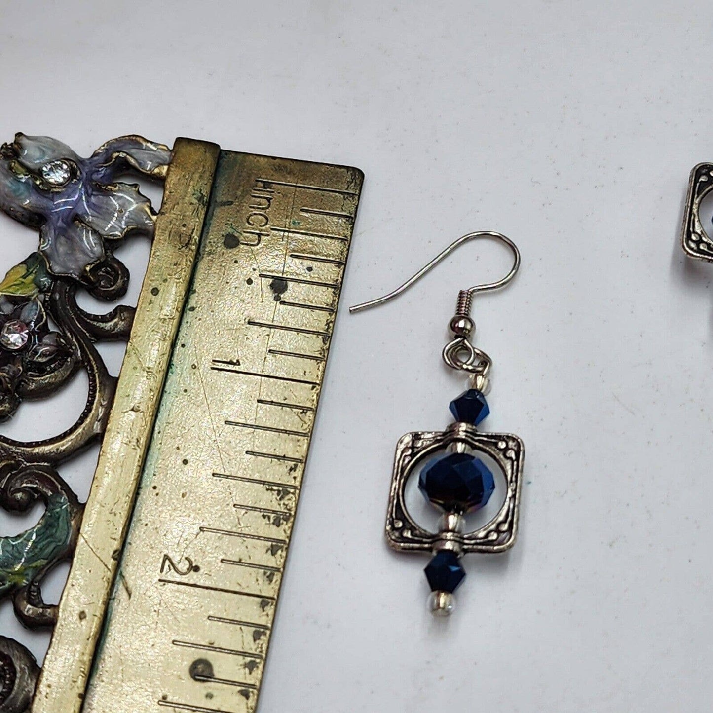 Faceted Cobalt Blue Sparkly Glass Crystal Framed Silver Tone Dangle Hook