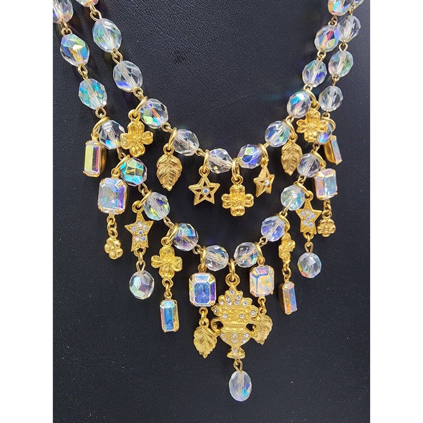 Kirks Folly Layered 2 Row Aurora Borealis Crystal Necklace with Gold tone Stars