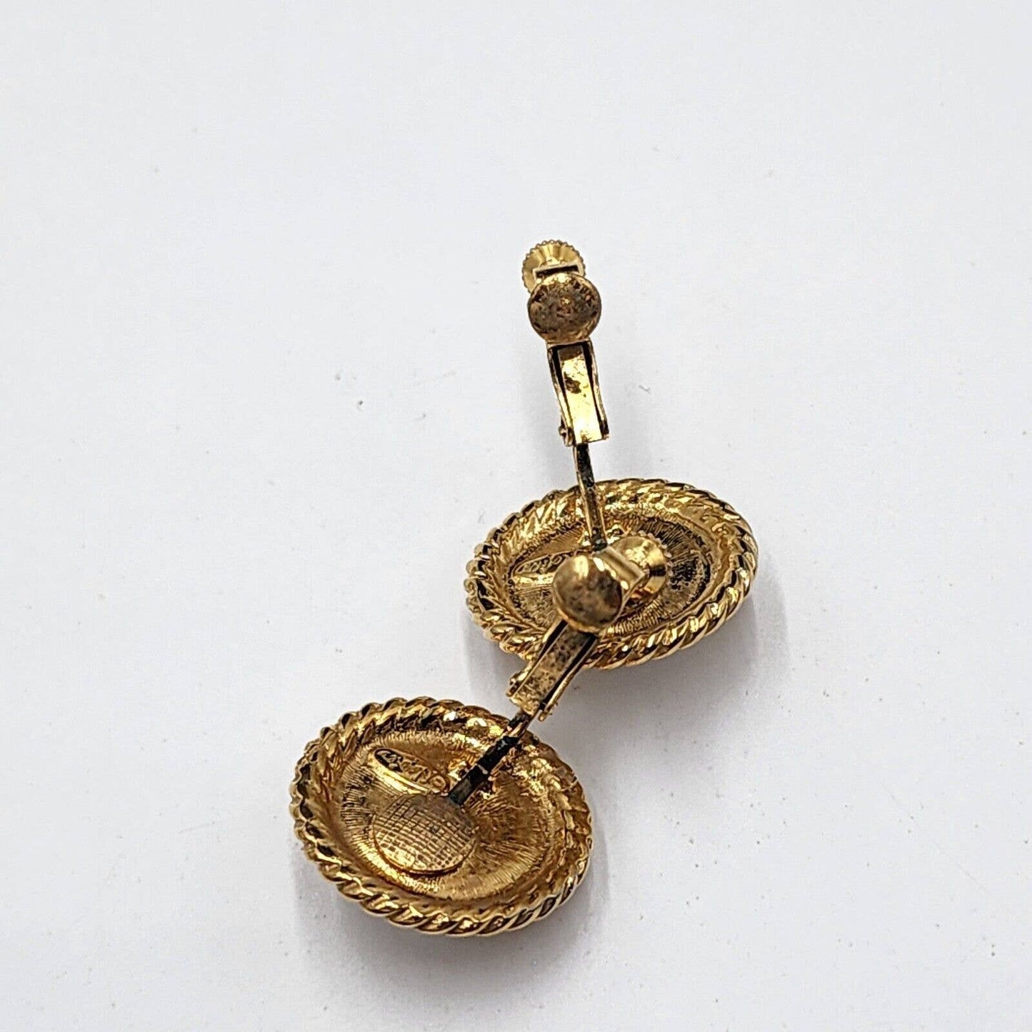 Vintage Napier Gold Tone Textured Rope White Cabochon Round Clip On Earrings