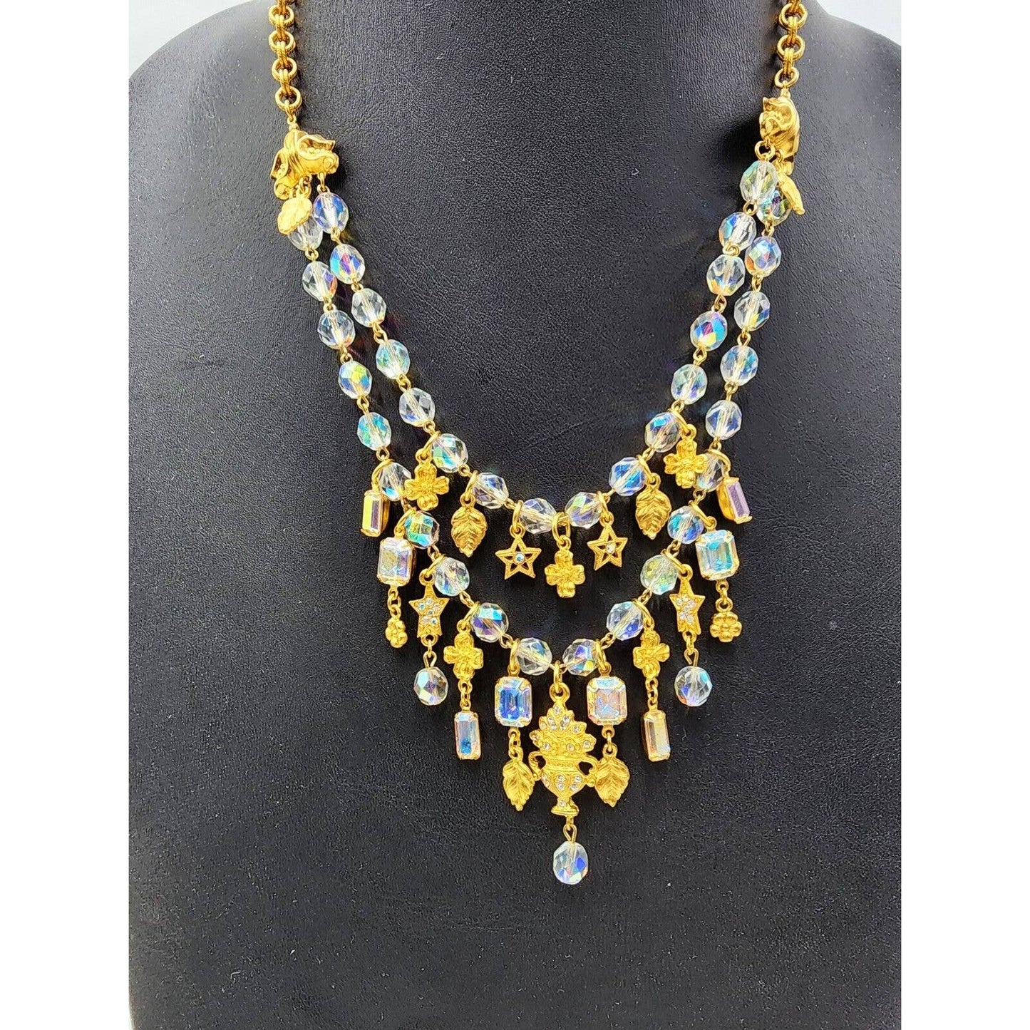 Kirks Folly Layered 2 Row Aurora Borealis Crystal Necklace with Gold tone Stars