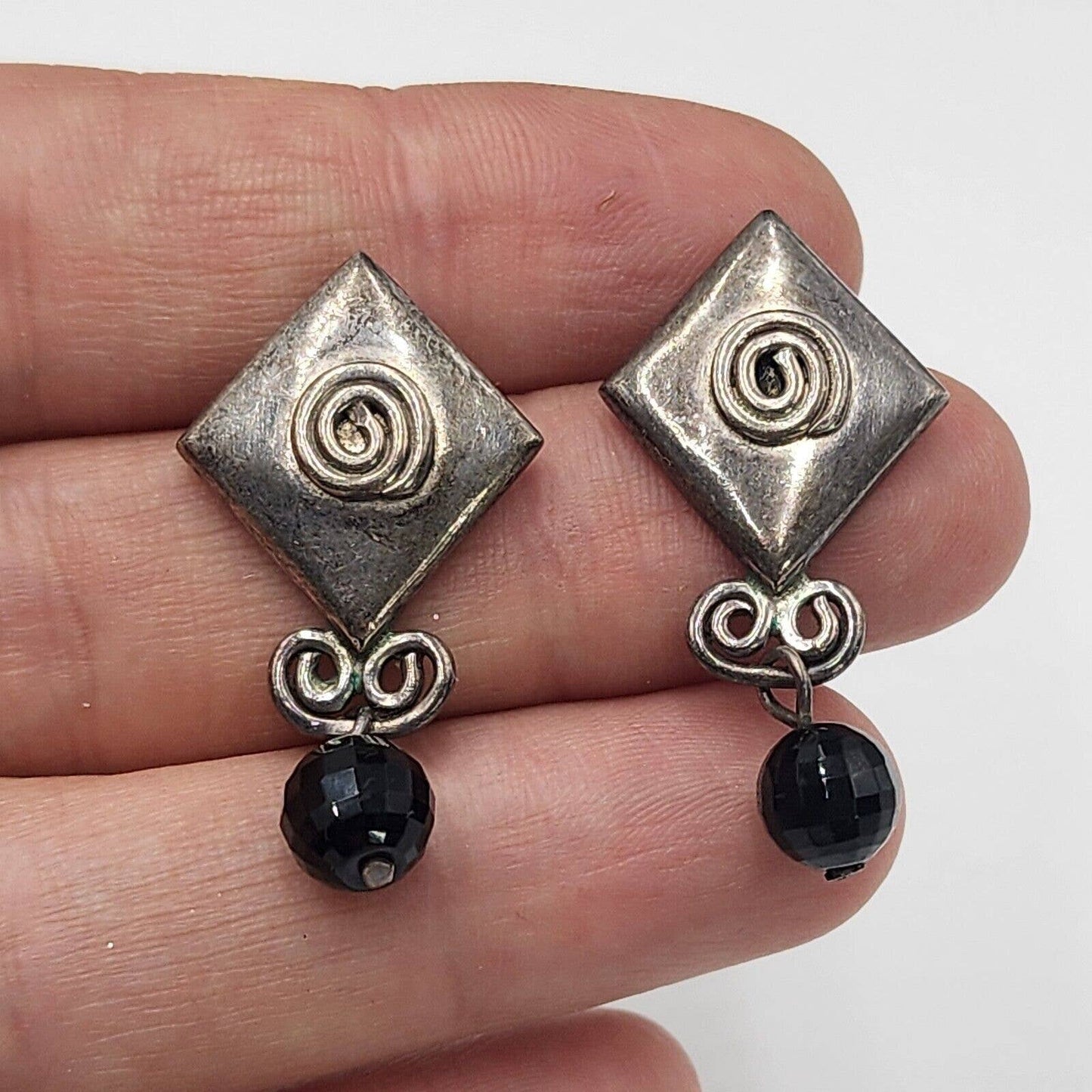 Vintage Modernist Sterling Silver Mexico 925 Onyx Drop Earrings Dangle Pierced