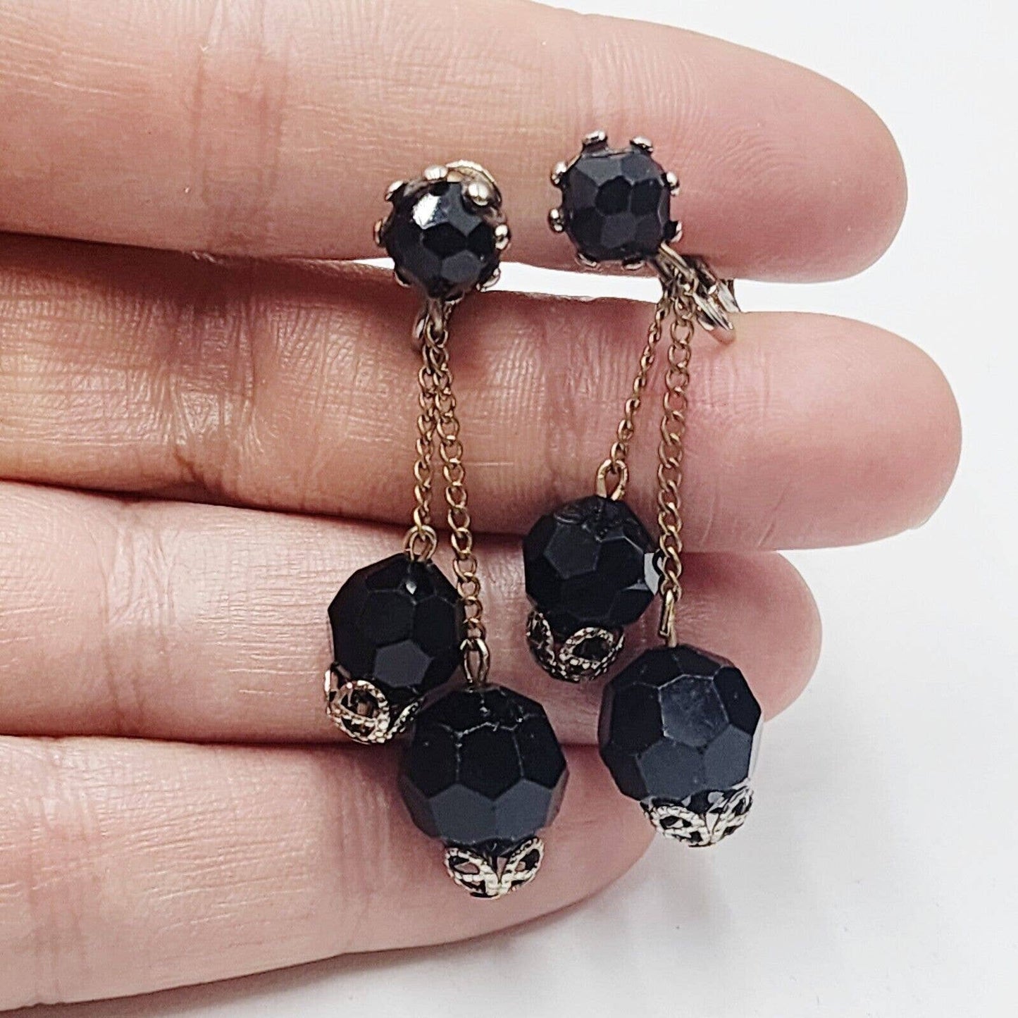 Vintage Black French Jet Glass Crystals Dangle Chandelier Clip-on Earrings