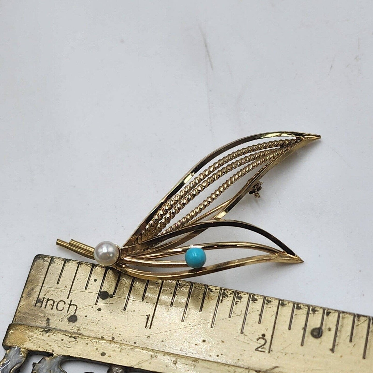 Wells Vintage 1/20 12K GF Turquoise & Pearl Leaves Mid Century Pin Brooch