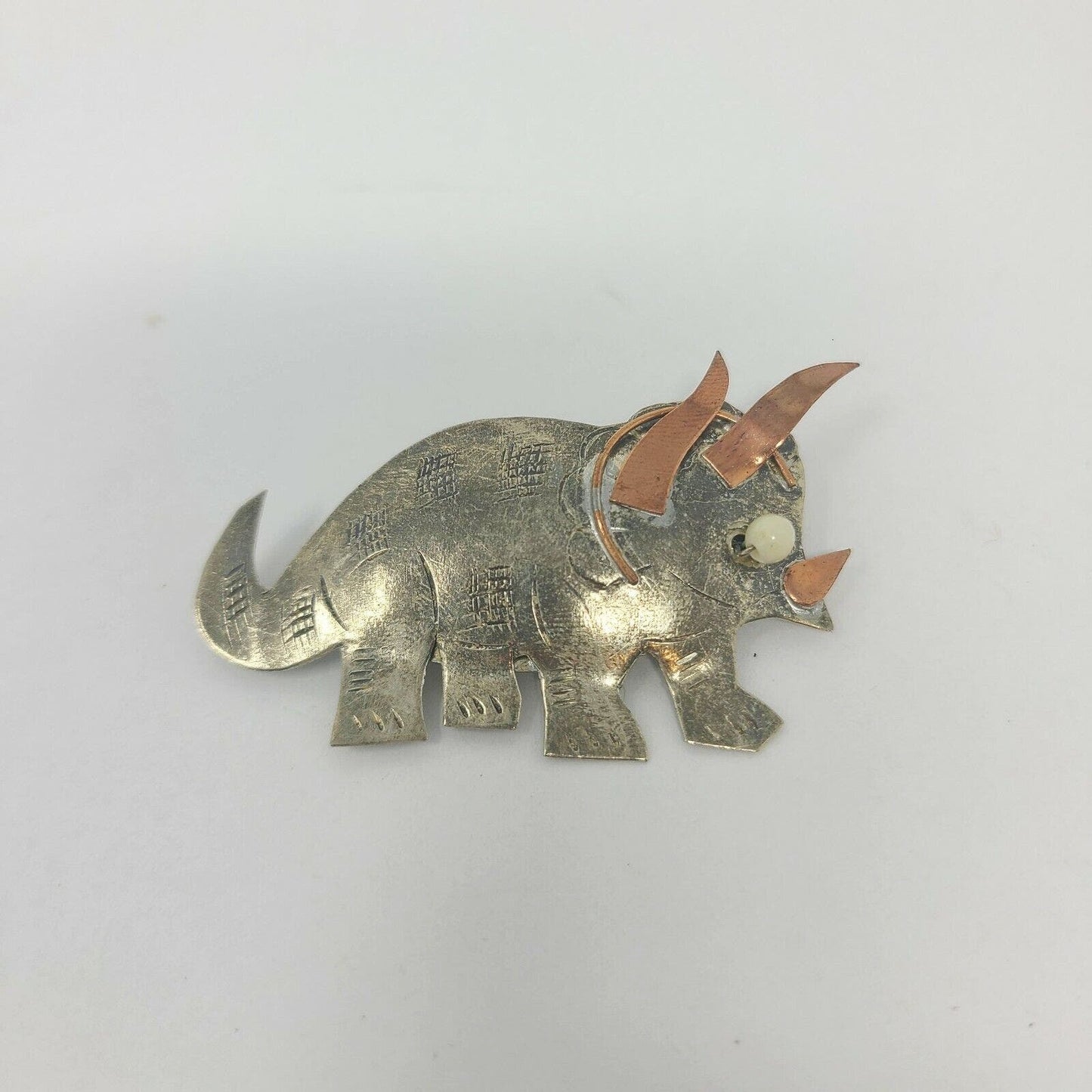 Vintage Artisan Silver Tone Triceratops Dinosaur Pin Brooch Unique Handmade