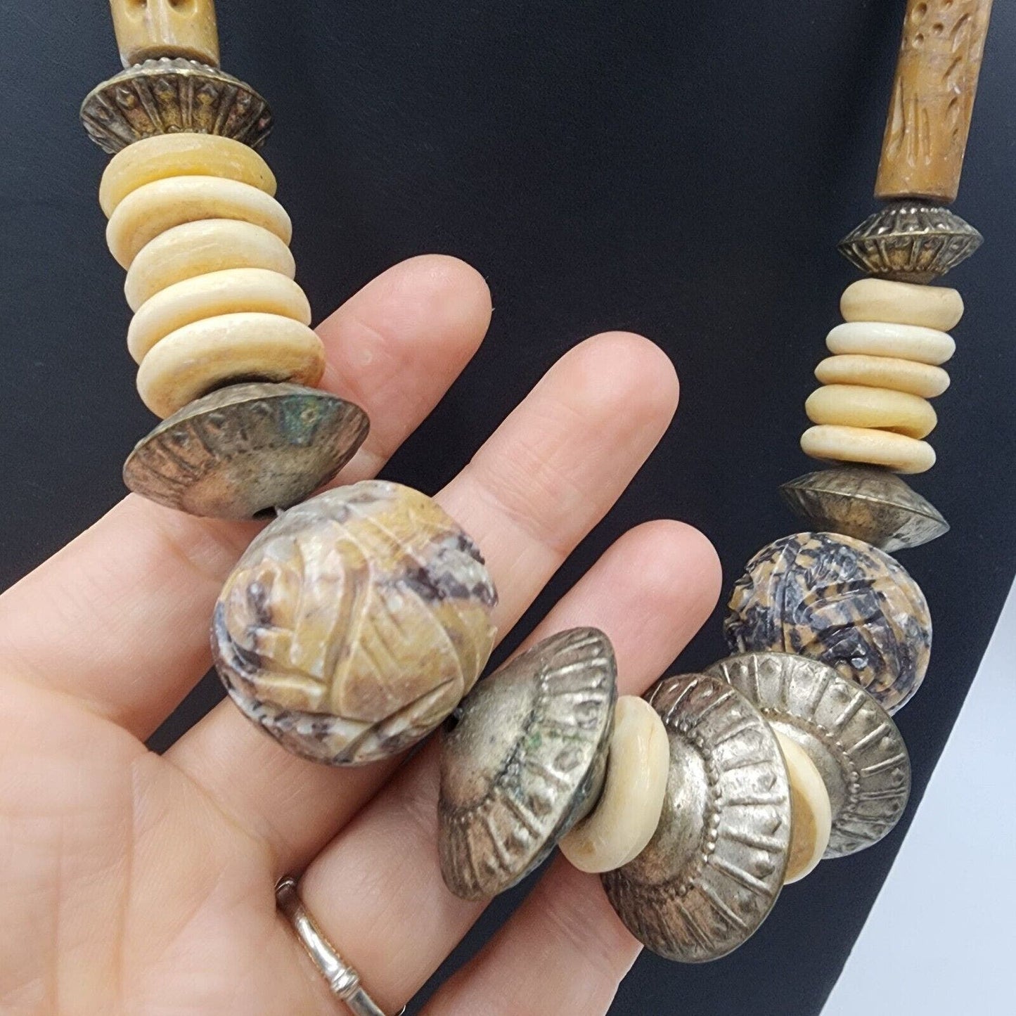 Vintage Hand Carved Jasper and Yak Bone Necklace Barrel Clasp Heavy Detailed 24"