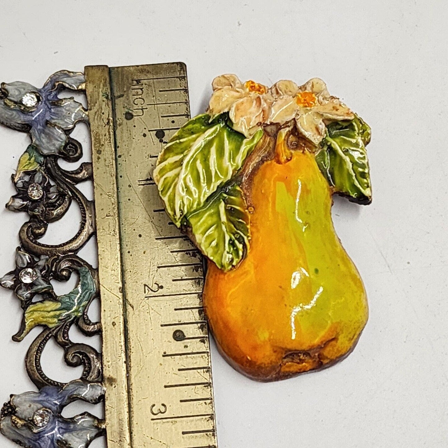 Vintage Signed West Germany Pear Floral Fruit Carved Hand-Painted Resin Brooch