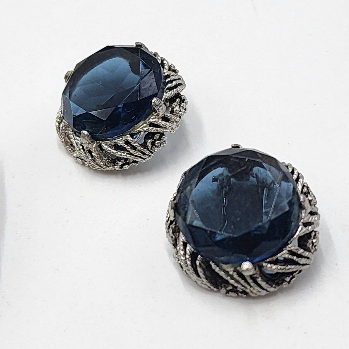 Huge Vintage BSK Brooch & Earrings Demi Parure Bezel Set Blue Stone Silver Tone