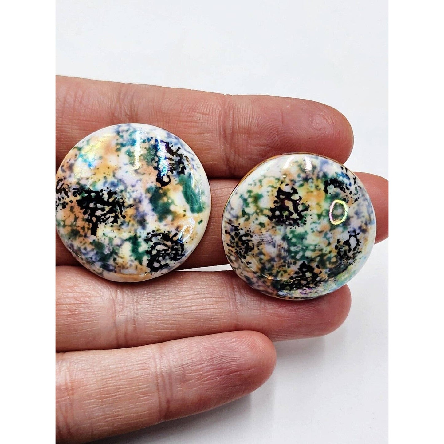 Artsy Ceramic Circle Greens White Iridescent Glazed Post Earrings Artisan Big