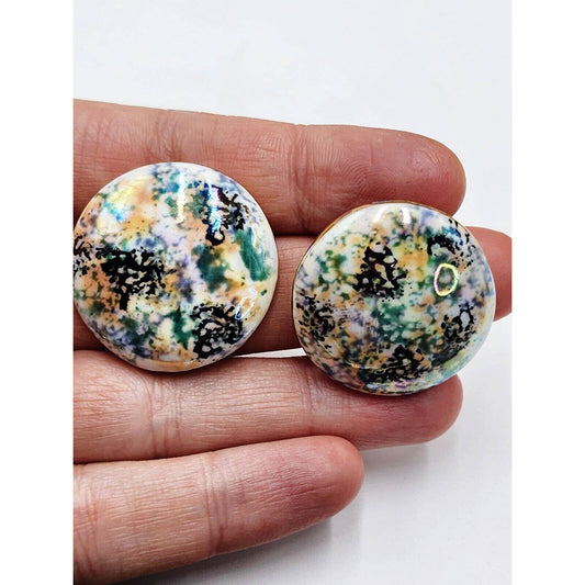 Artsy Ceramic Circle Greens White Iridescent Glazed Post Earrings Artisan Big