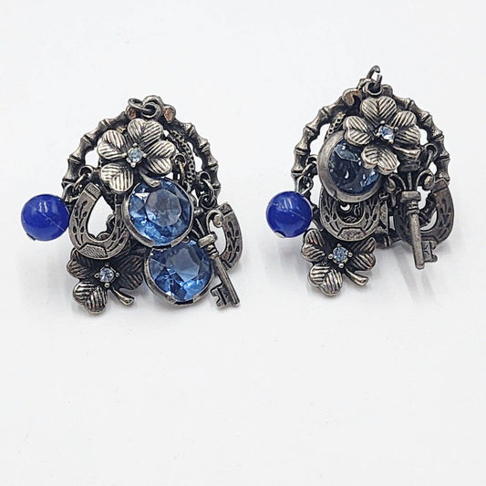 Vintage Earrings Clip On Arthur Pepper Blue Lucky Charm Dangle Silver Tone Metal