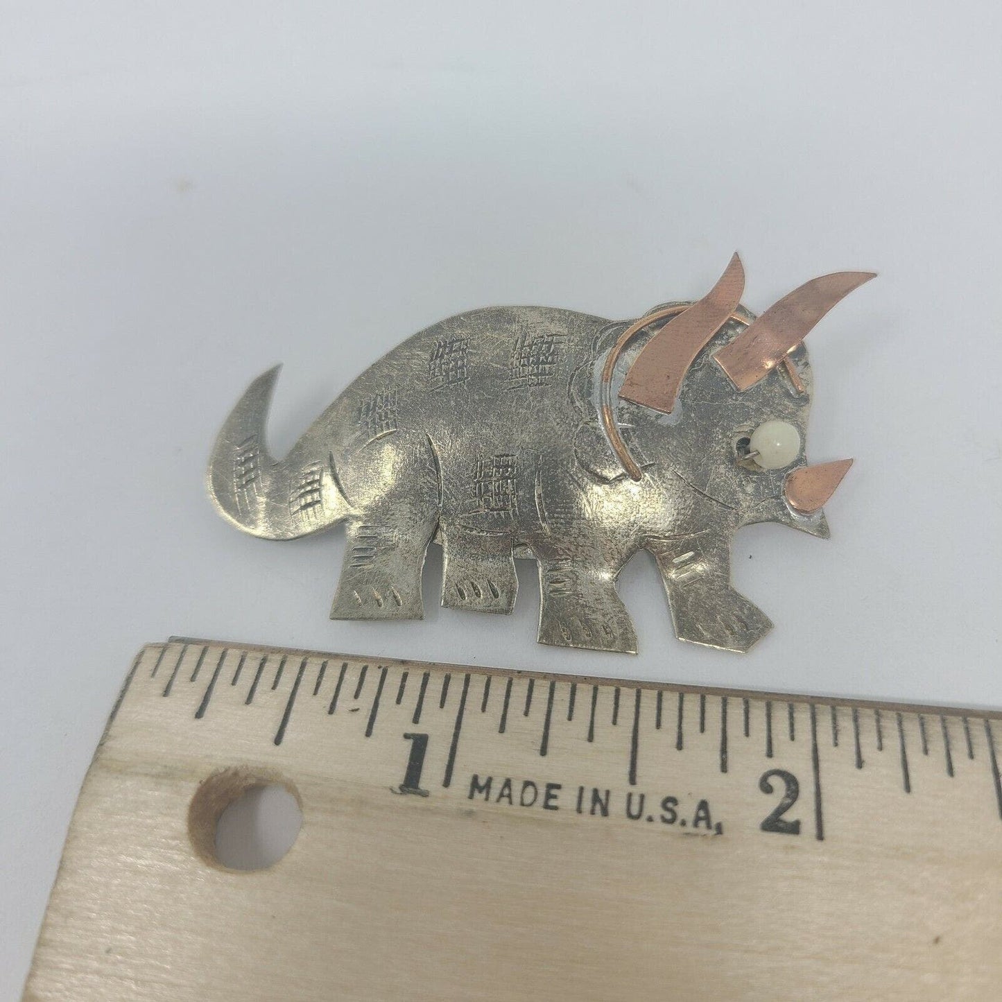 Vintage Artisan Silver Tone Triceratops Dinosaur Pin Brooch Unique Handmade