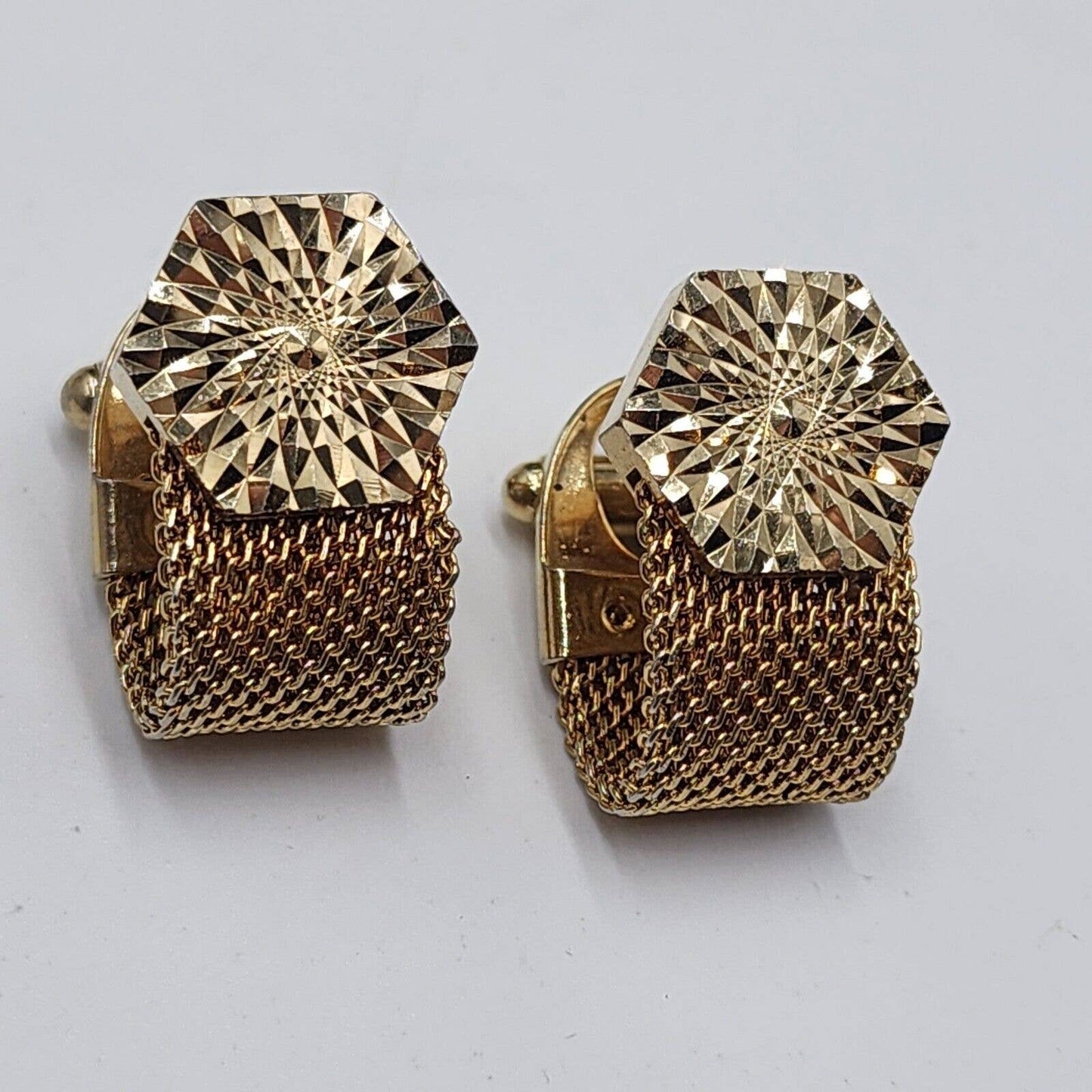 Vintage Anson Geometric Diamond Cut Wraparound Mesh Gold Tone Cuff Links