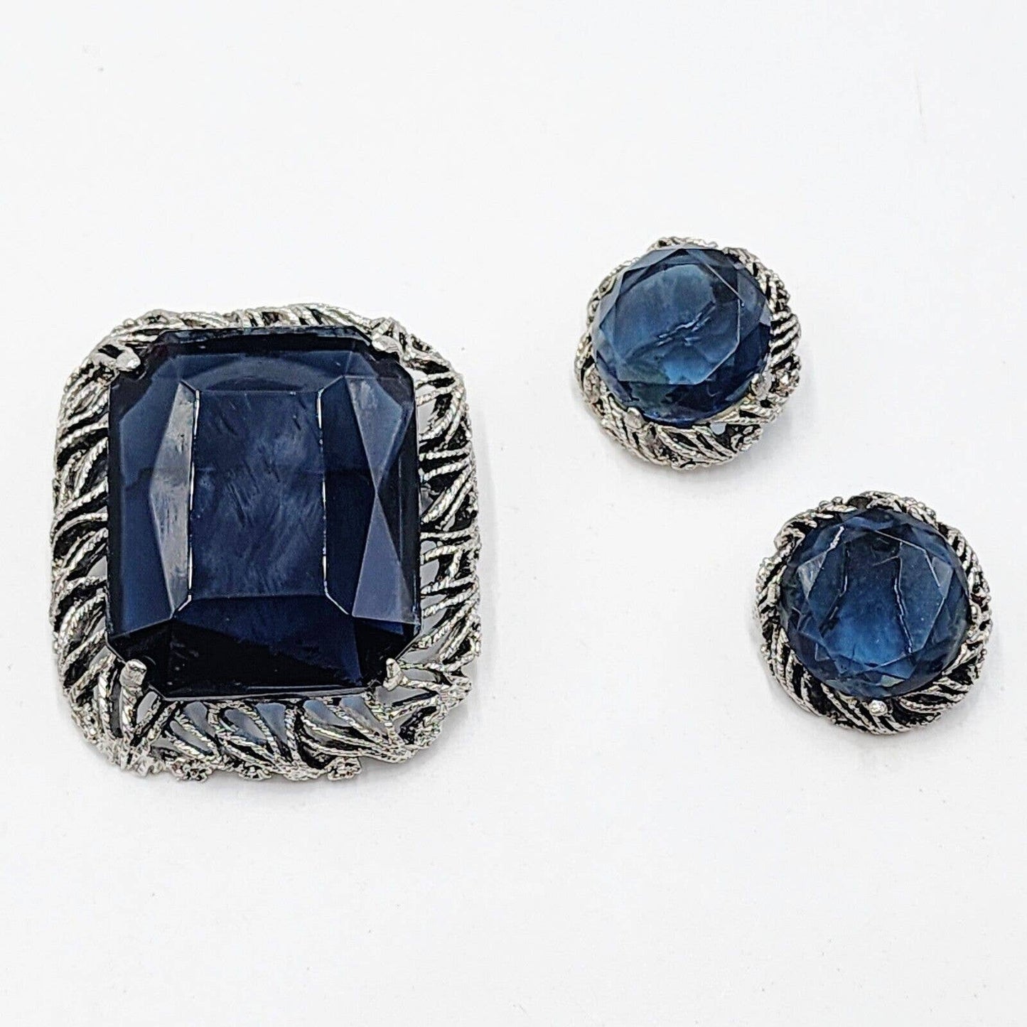 Huge Vintage BSK Brooch & Earrings Demi Parure Bezel Set Blue Stone Silver Tone